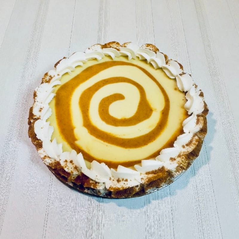 Honey & Pearl’s pumpkin cheesecake swirl pie. Photo courtesy of Honey & Pearl.&nbsp;