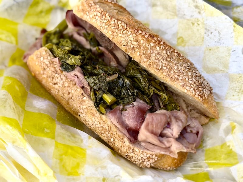 You will smell it before you unwrap it! The garlic-roast pork hoagie at Jerry’s Roast Pork. Photo: © tablehopper.com.