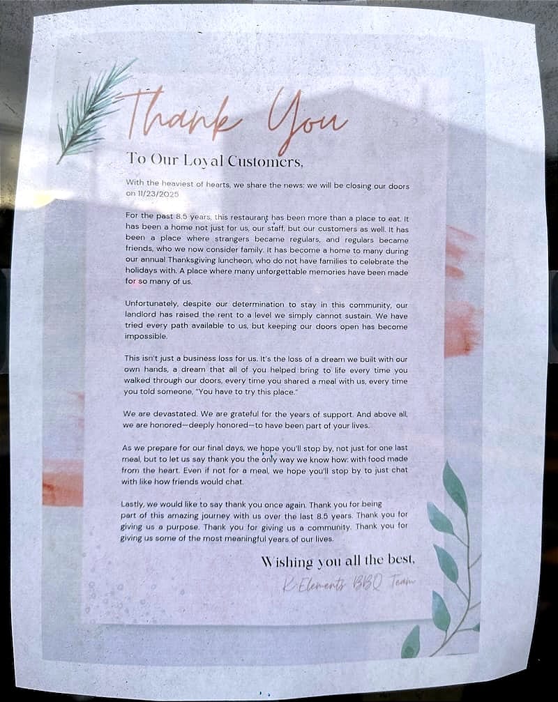 The farewell letter in the window at K-Elements BBQ. Photo courtesy of Katie Innes.