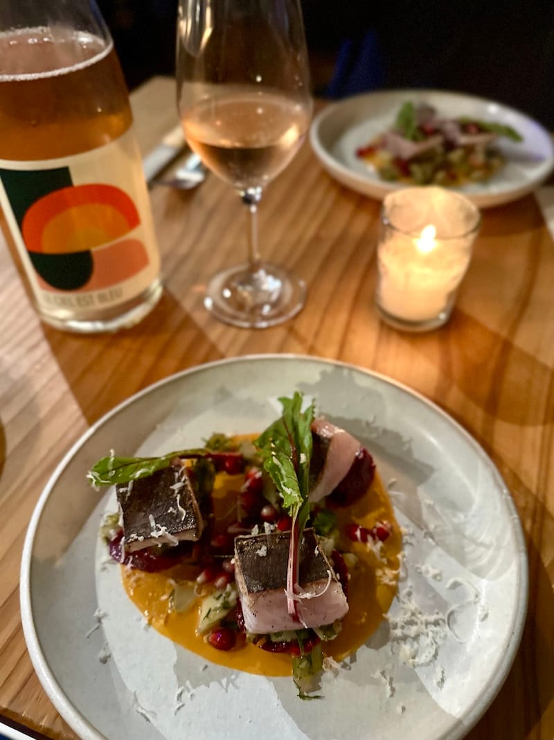 A dear friend treated me to a pre-birthday dinner at Mijoté—the delightfully autumnal menu kicked off with a cured-and-torched mackerel, marinated beets, and pomegranate course that blew our minds with vibrant fall flavors. Photo: © tablehopper.com.