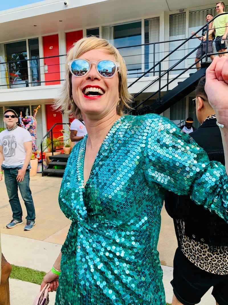 My favorite living disco ball, Allison Wyckoff, lighting up The Phoenix patio for Pride in 2019. Photo: © tablehopper.com.