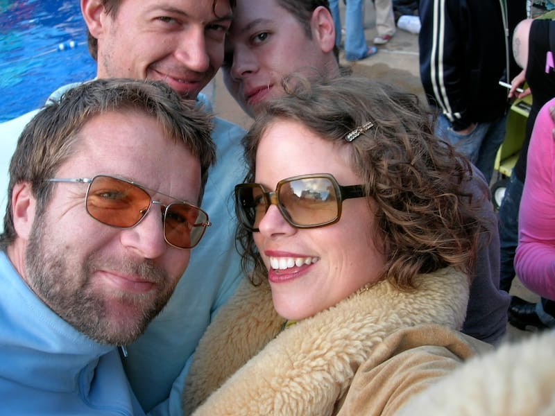 On the patio with friends at Juanita MORE!’s inaugural Pride pool party in 2005. Photo: © tablehopper.com.