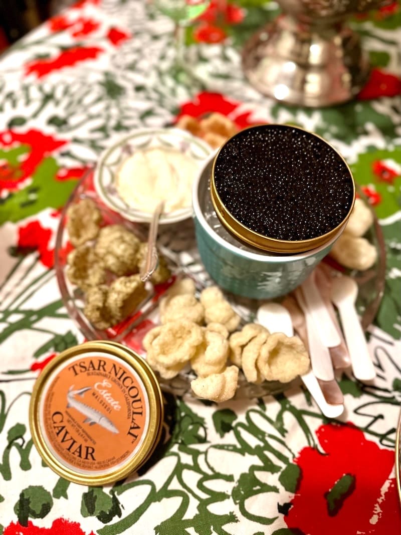Holiday party fun with Tsar Nicoulai caviar and Tantos puffed pasta chips. Photo: © tablehopper.com.