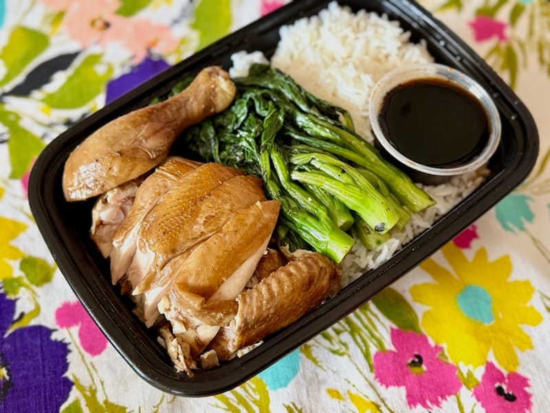 Poached soy sauce chicken rice plate for takeout from Quack House. Photo: © tablehopper.com.