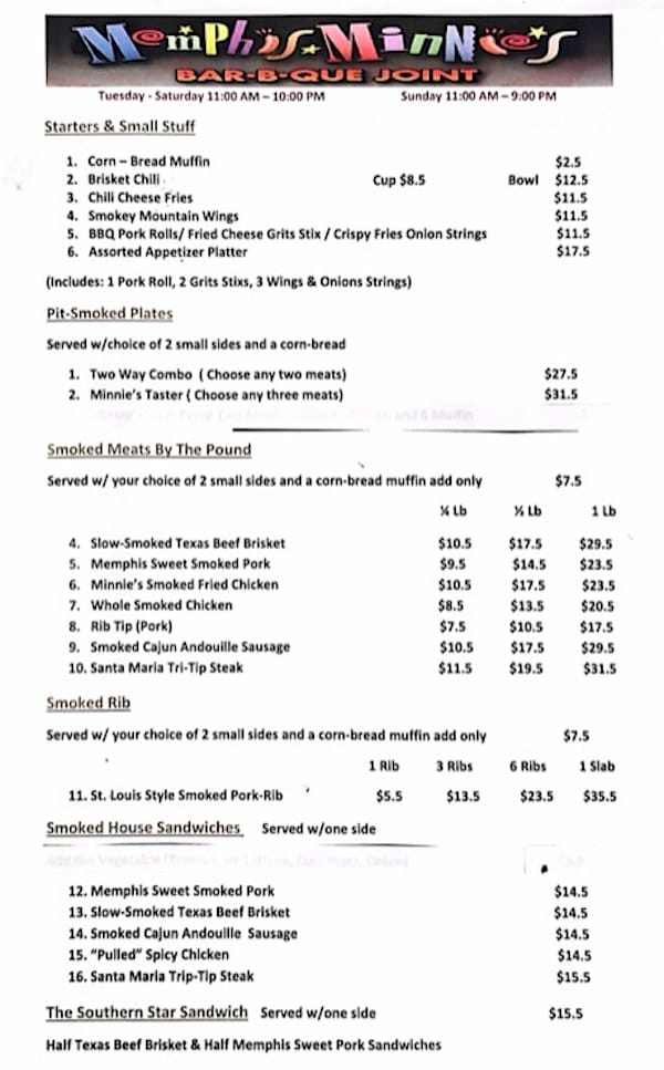 A copy of the latest Memphis Minnie’s menu. 