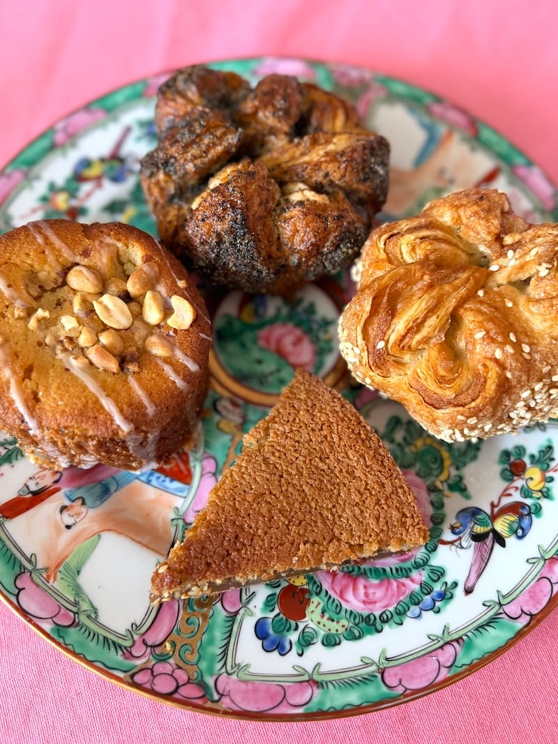 The Lunar New Year Baker’s Box Set from b. patisserie&nbsp;(black sesame kouign amann, white sesame lotus KA, peanut condensed milk Bostock, and nian goh butter mochi). Photo: © tablehopper.com.