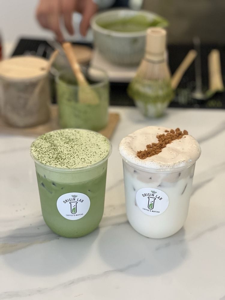 The velvet matcha latte and banana cream latte at Origin Lab. Yelp photo by Sarah C.
