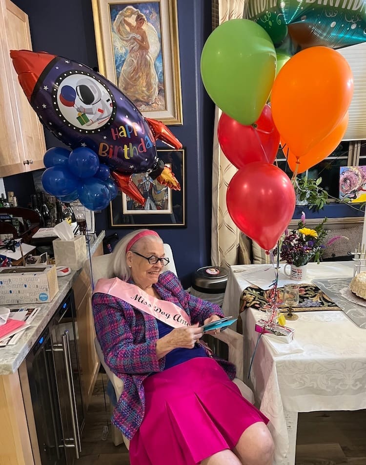 Aunt Helen reading her many cards on her 90th birthday.