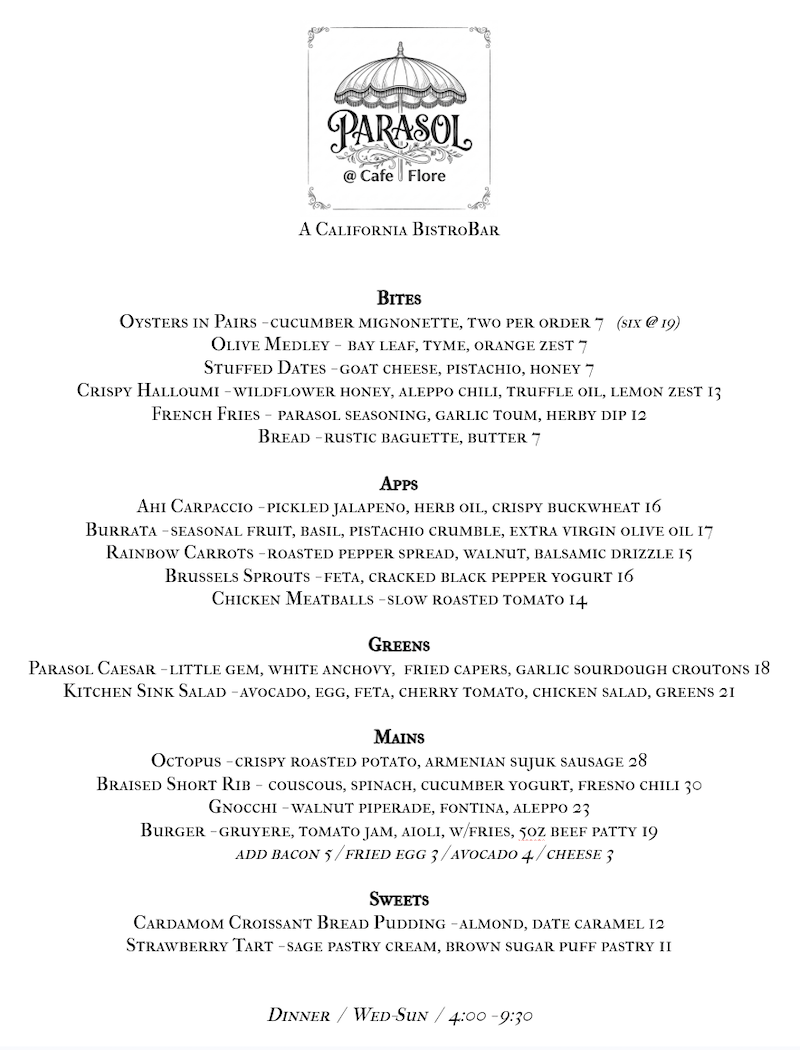 A peek at Parasol at Cafe Flore’s dinner menu.