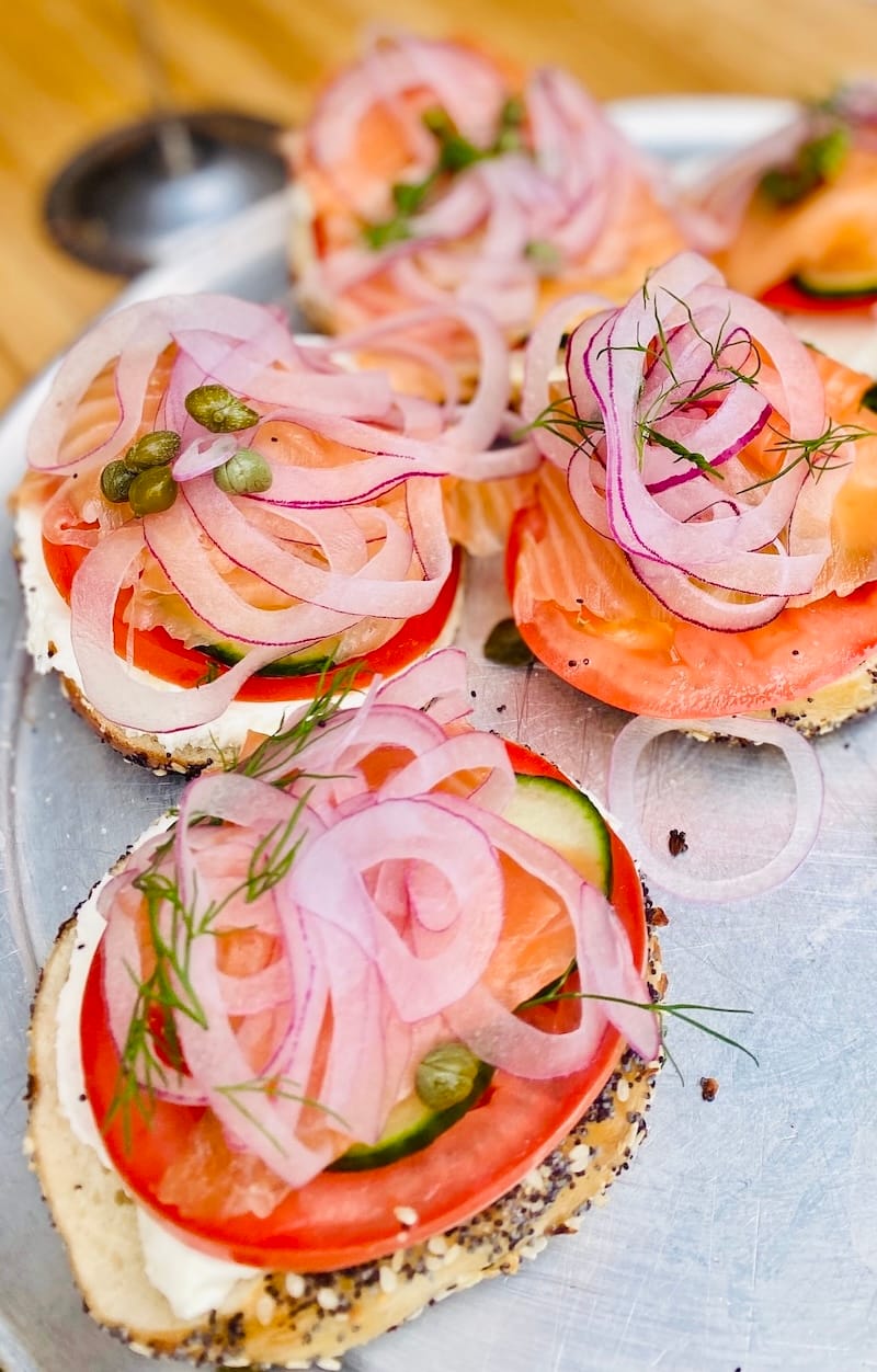 New York–style lox bagels with cream cheese, tomato, cucumber, capers, and onion. Photo by Olivia Casellini for © tablehopper.com.