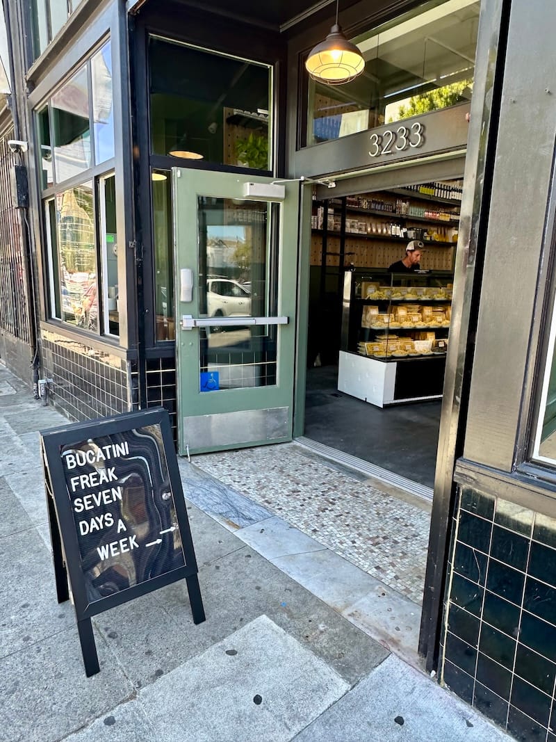 The sandwich board outside of Pasta Supply Co’s Mission location always makes me chuckle. Photo: © tablehopper.com.