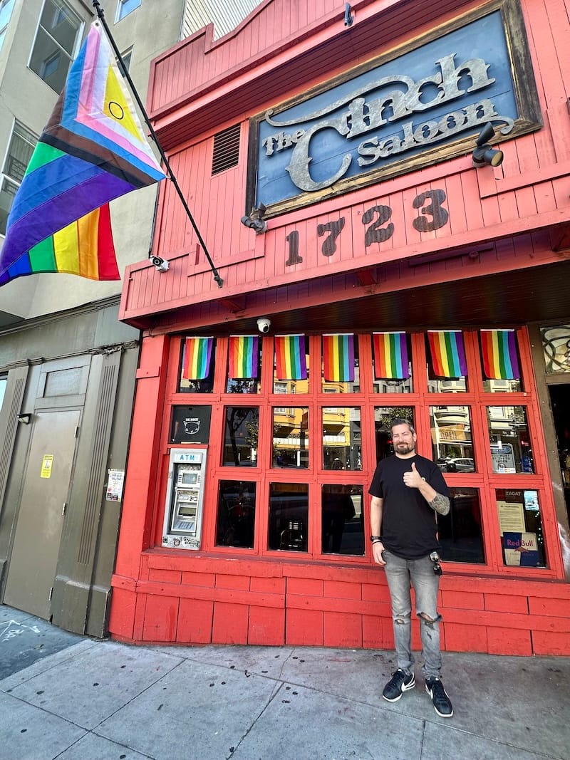 The Cinch Saloon’s latest owner, Scott Taylor, in front of the last gay bar on Polk Street. Photo: © tablehopper.com.
