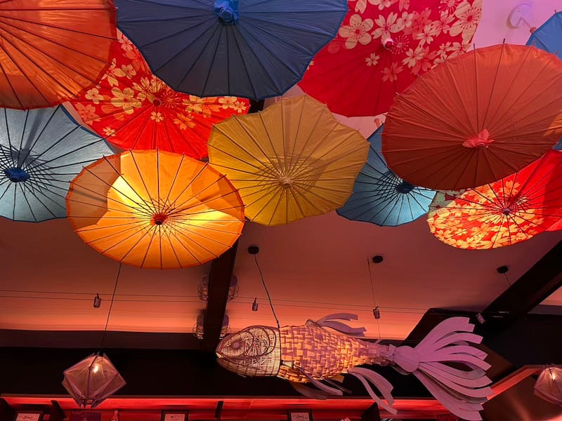 KAIYŌ Handroll Bar’s colorful ceiling and décor. Photo: Francesca Gasparini.