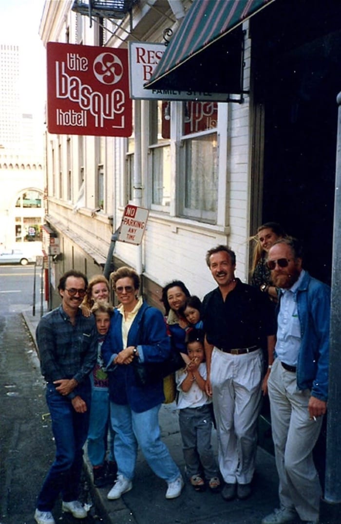 Gary Stevens and friends hanging out on the stoop before a meal at The Basque Hotel & Restaurant, circa 1980s. Photo via Geezerlicious.
