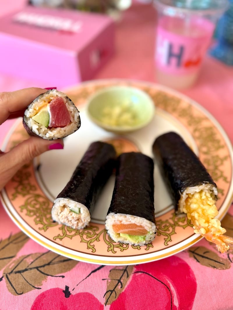 The pink theme continued with the four handrolls I brought home from Handroll Hawker. Photo: © tablehopper.com.