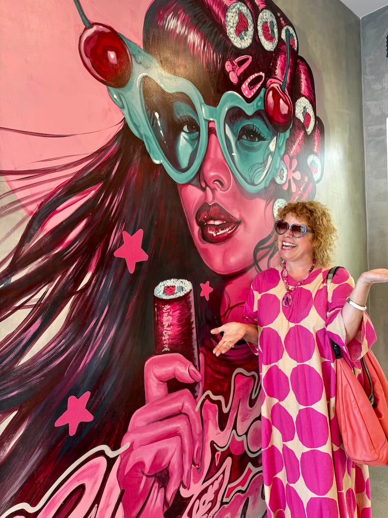 When your sunglasses match the mural (by Serge Gay&nbsp;Jr. at Handroll Hawker). Photo: © tablehopper.com.