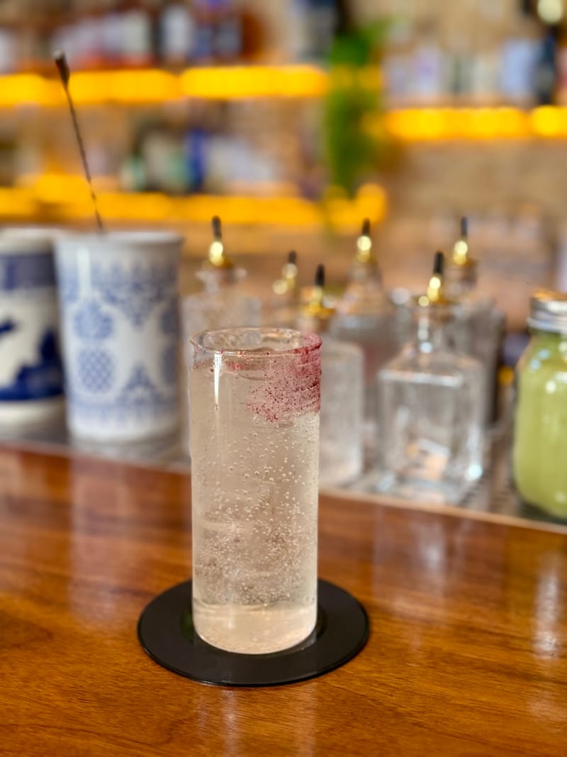 A floral highball made with gin and damask rose hydrosol with toasted kombu. Photo: © tablehopper.com.
