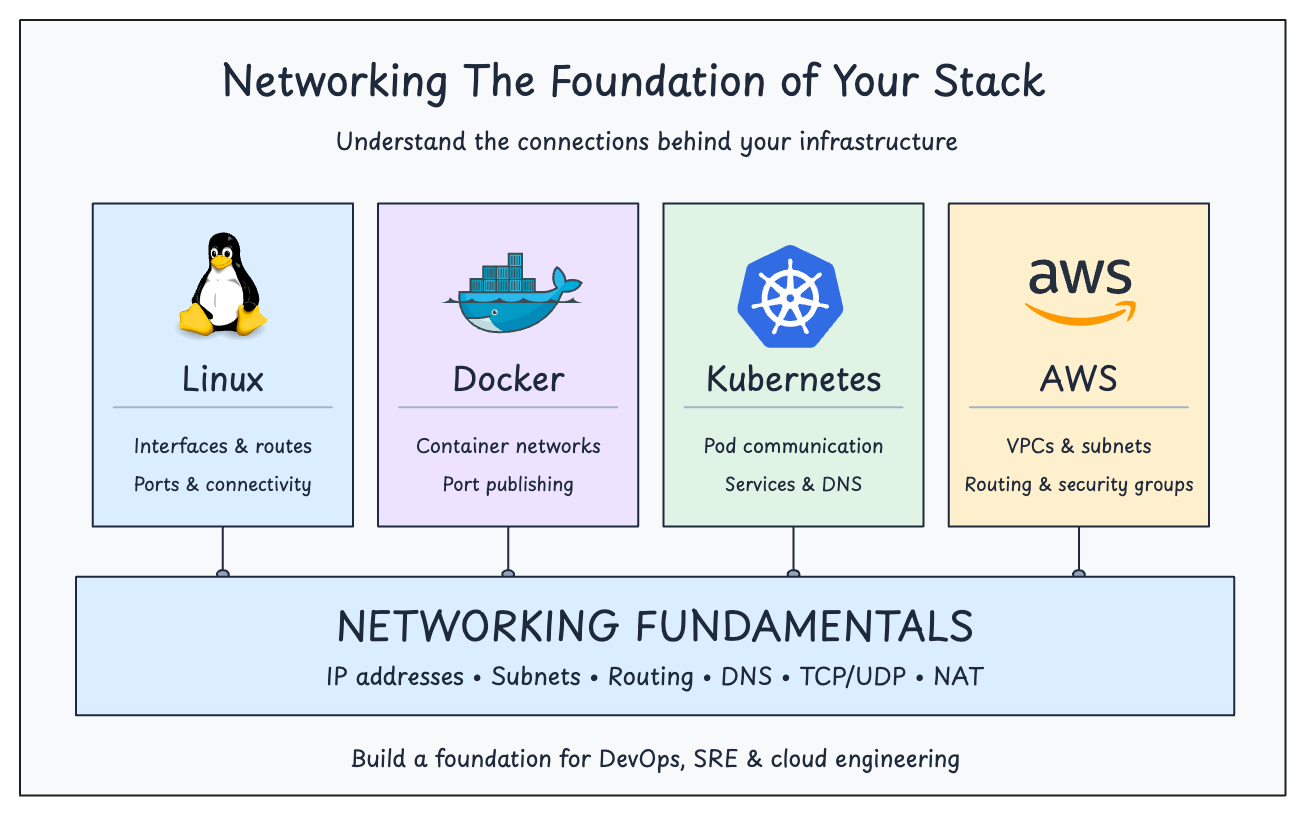 Networking fundamentals: IP addresses, subnets, routing, DNS, TCP/UDP and NAT, form the foundation for Linux, Docker, Kubernetes and AWS networking.”