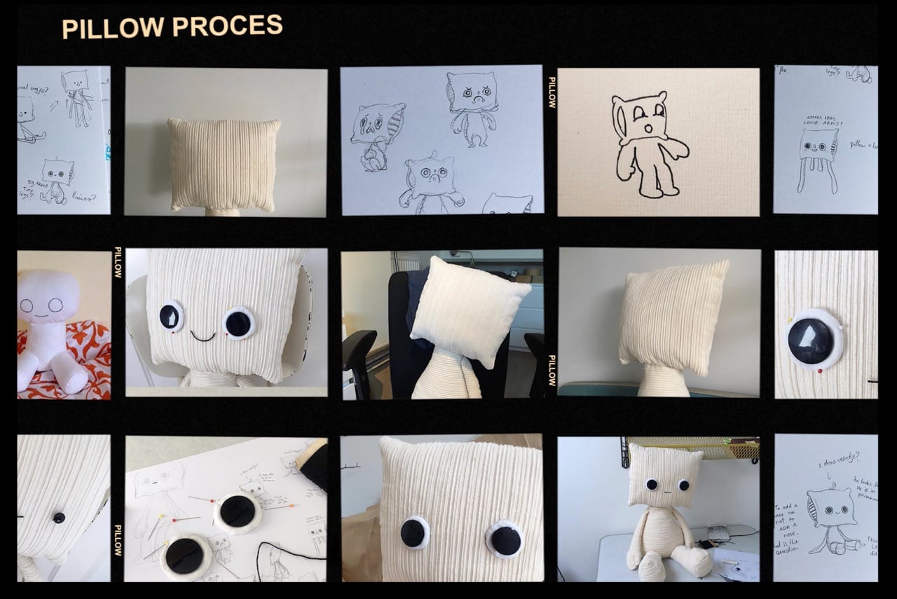 het proces van raven kangee tijdens het het maken van de 'pillow' mascotte.