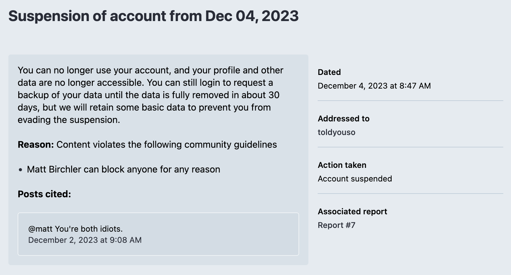 Screenshot of the first post calling us idiots