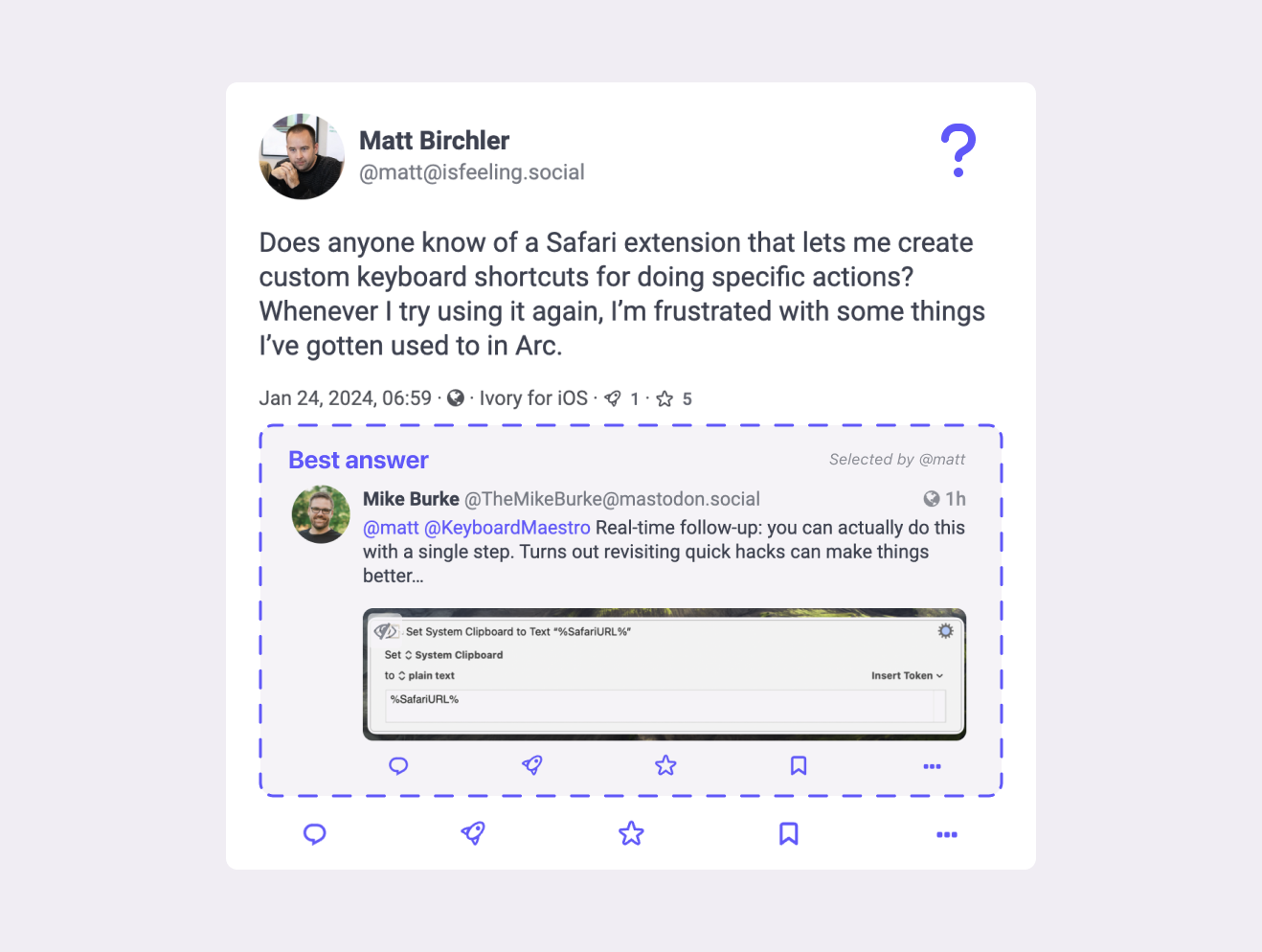 Showing the selected answer as a sort of quote post below the question. it's marked clearly as the best answer