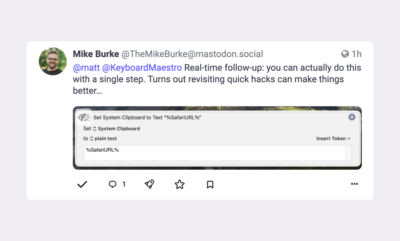 A standard Mastodon post UI with a checkmark icon added to mark this as the best answer