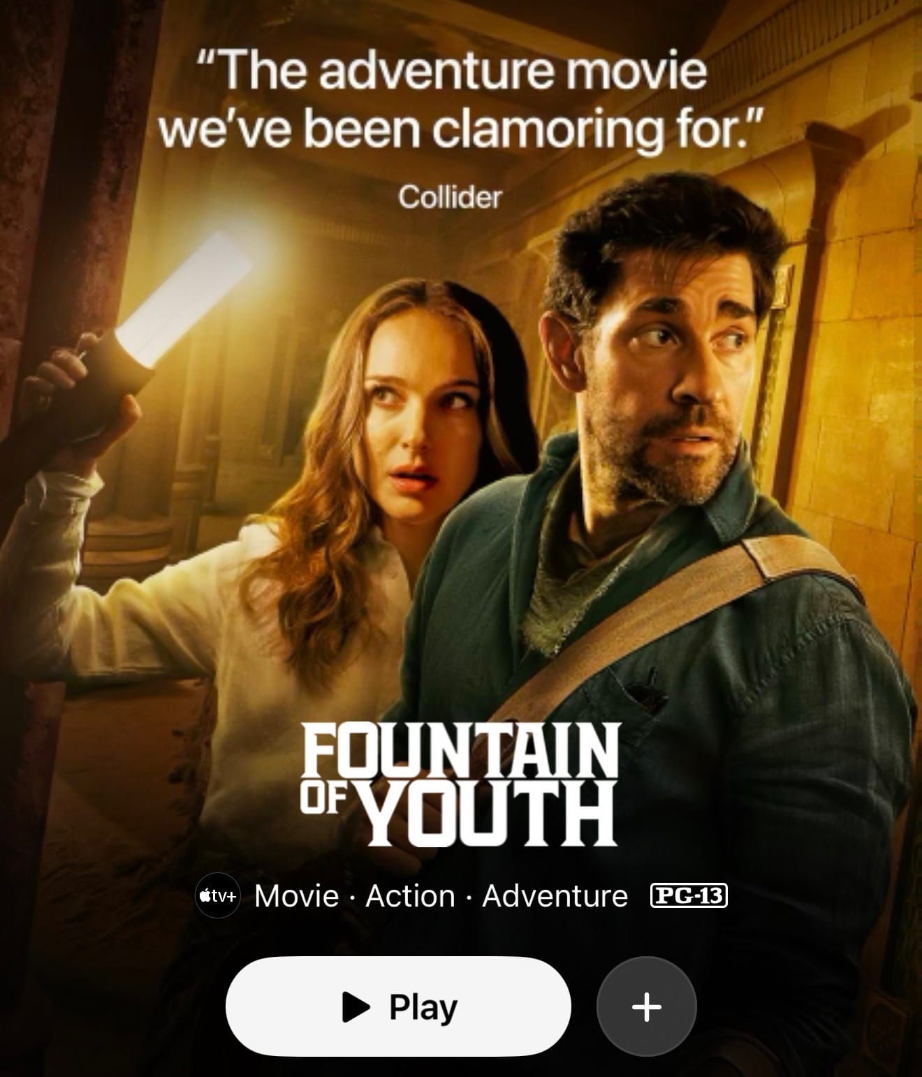 Screenshot from the Apple TV for the movie with the "The adventure movie we've been clamoring for" quote