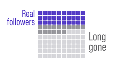 A visual representation of how many of my Mastodon followers are real. It's about 30%. 