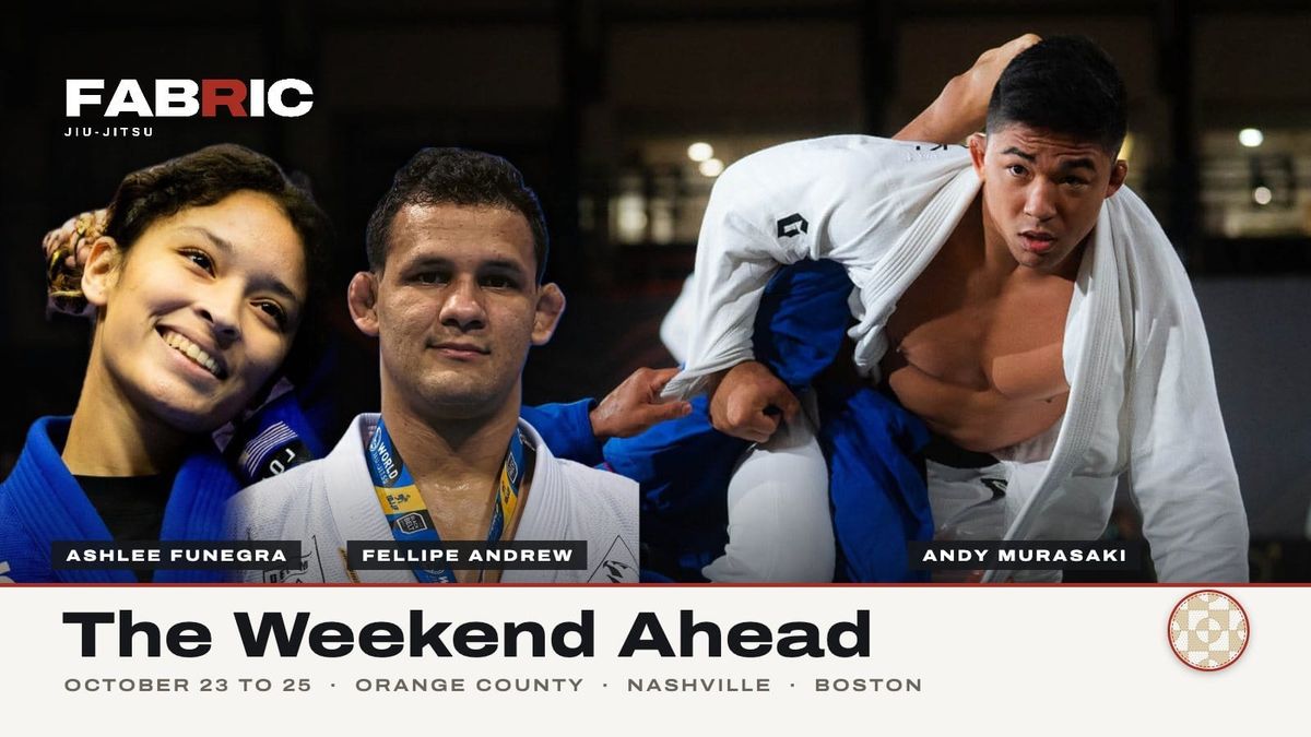 Andy Murasaki passing guard at the 2025 IBJJF Crown, with Ashlee Funegra and Fellipe Andrew, under a The Weekend Ahead banner for October 23 to 25
