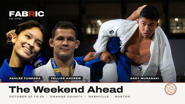 Andy Murasaki passing guard at the 2025 IBJJF Crown, with Ashlee Funegra and Fellipe Andrew, under a The Weekend Ahead banner for October 23 to 25