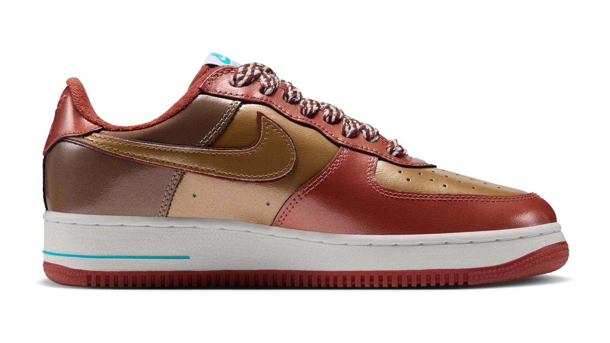 Side view of the Nike x Nigo x j-hope Air Force 1 in glossy brown, metallic gold and burnt orange leather with twisted two-tone laces and a blue stripe on the midsole