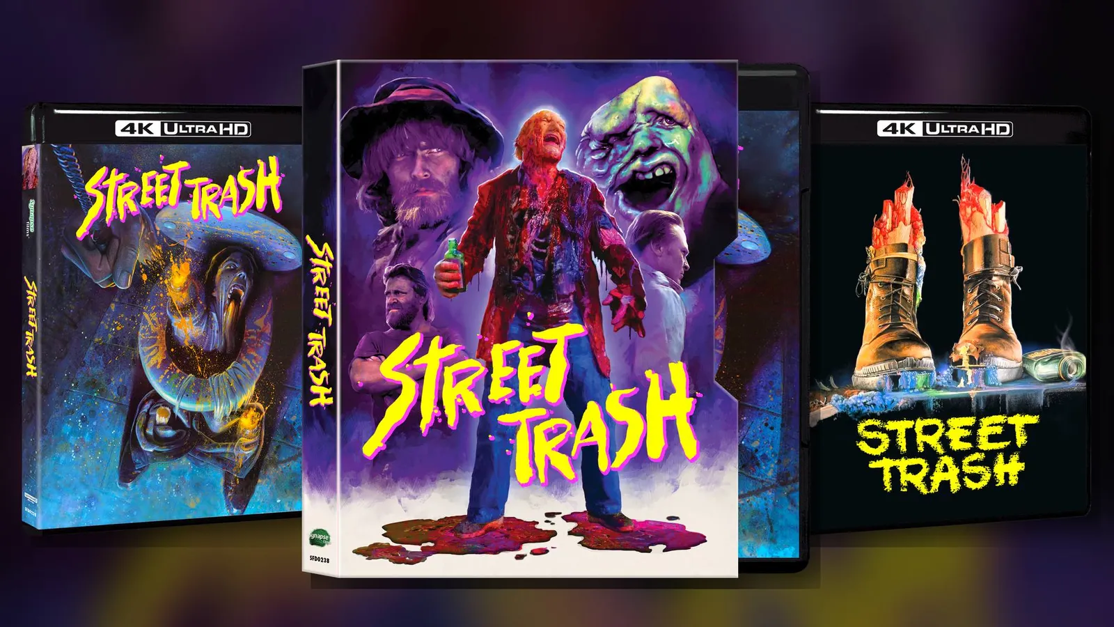 Synapse Films Street Trash 4K slipcase showing a melting man holding a bottle, flanked by two 4K Ultra HD cases with alternate melting cover art