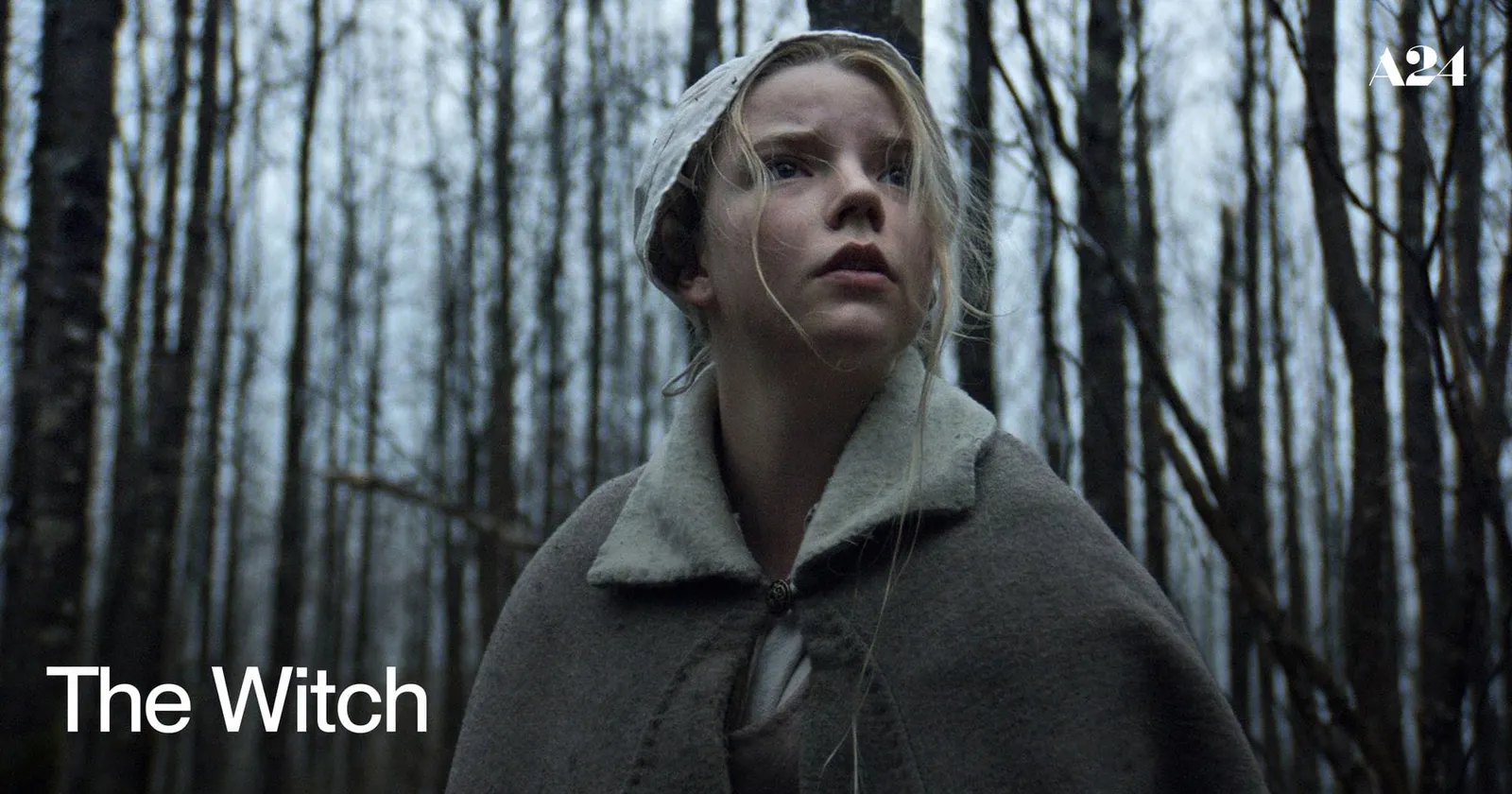 Anya Taylor-Joy in a bonnet and grey cloak standing in a bare winter forest in The Witch