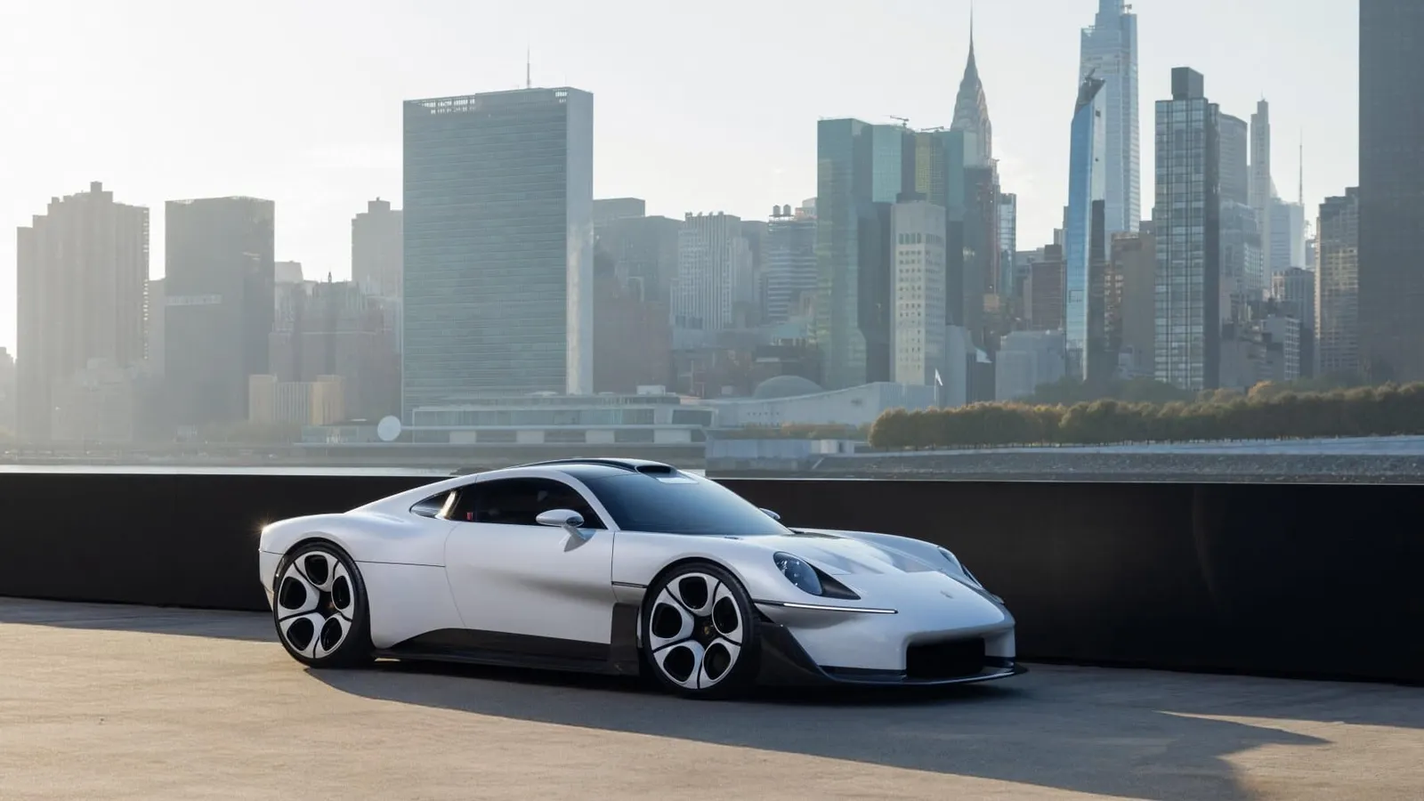 White Porsche Mission S vision model parked on a pier in Queens, New York, with the Manhattan skyline behind it