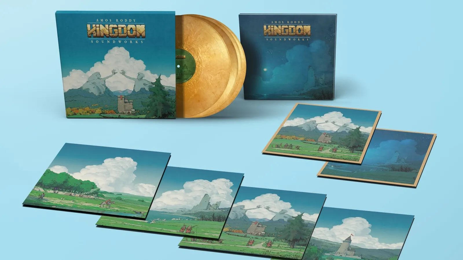 Kingdom Soundworks box set with gold marble vinyl, day and night sleeves and four landscape art cards on a pale blue background