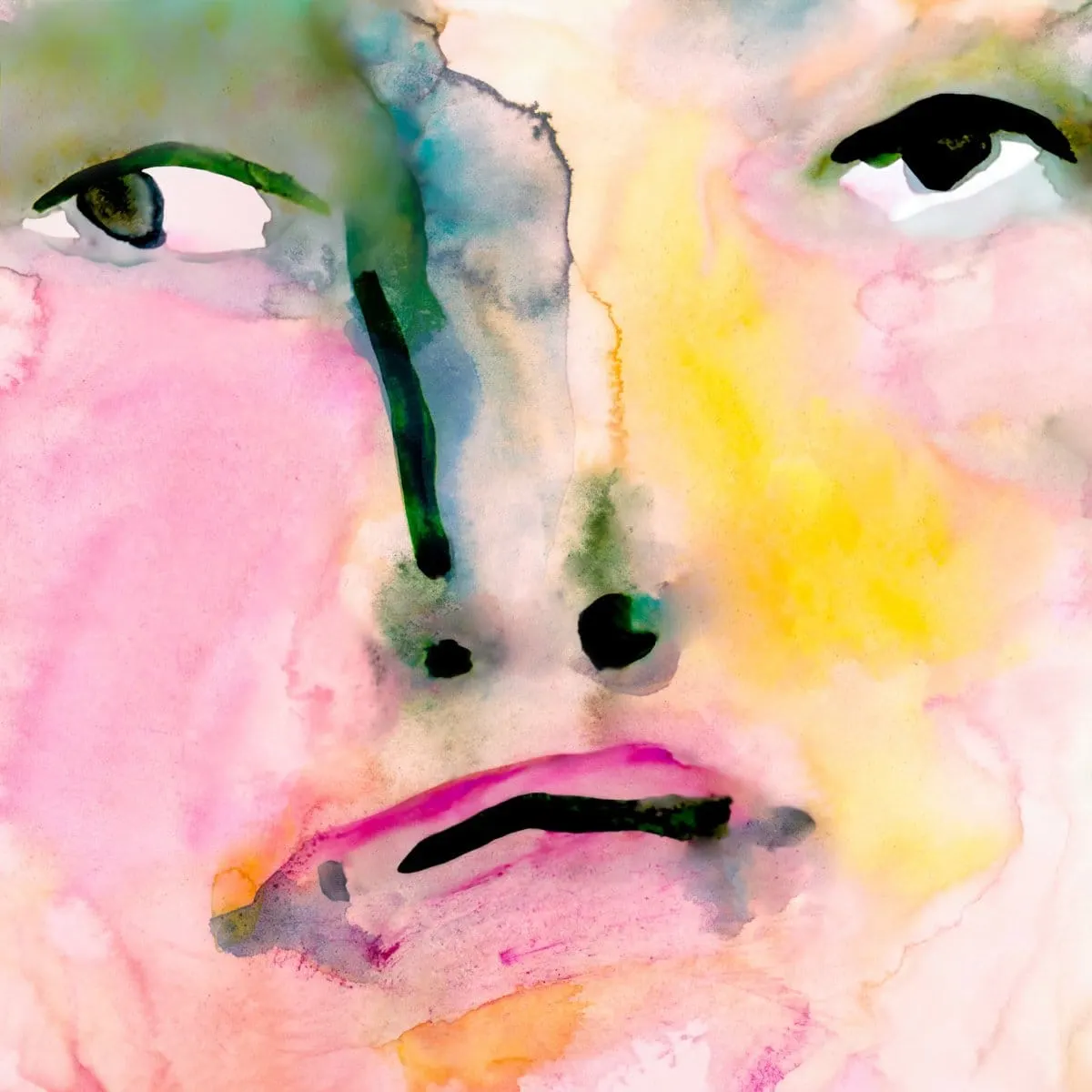 Darling album cover by Anna Meredith: a loose watercolor face in pink, yellow and green washes with dark painted eyes, nose and mouth