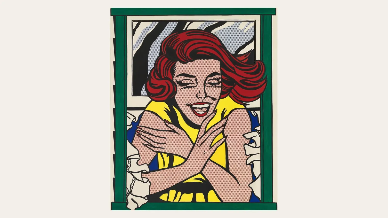 Roy Lichtenstein's painting Girl in Window, a laughing red-haired woman in a yellow top hugging herself inside a green window frame, painted in comic-book style with Ben-Day dots
