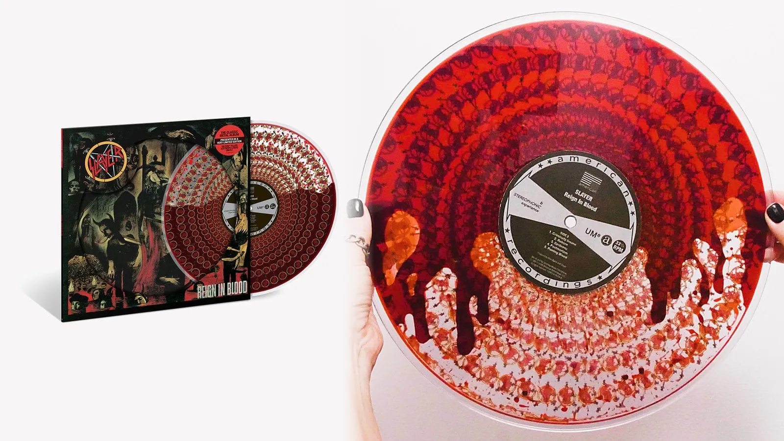 Slayer Reign in Blood 40th anniversary LP: the sleeve beside the disc, and the see-through record held in two hands with red liquid pooling in drips around the center label