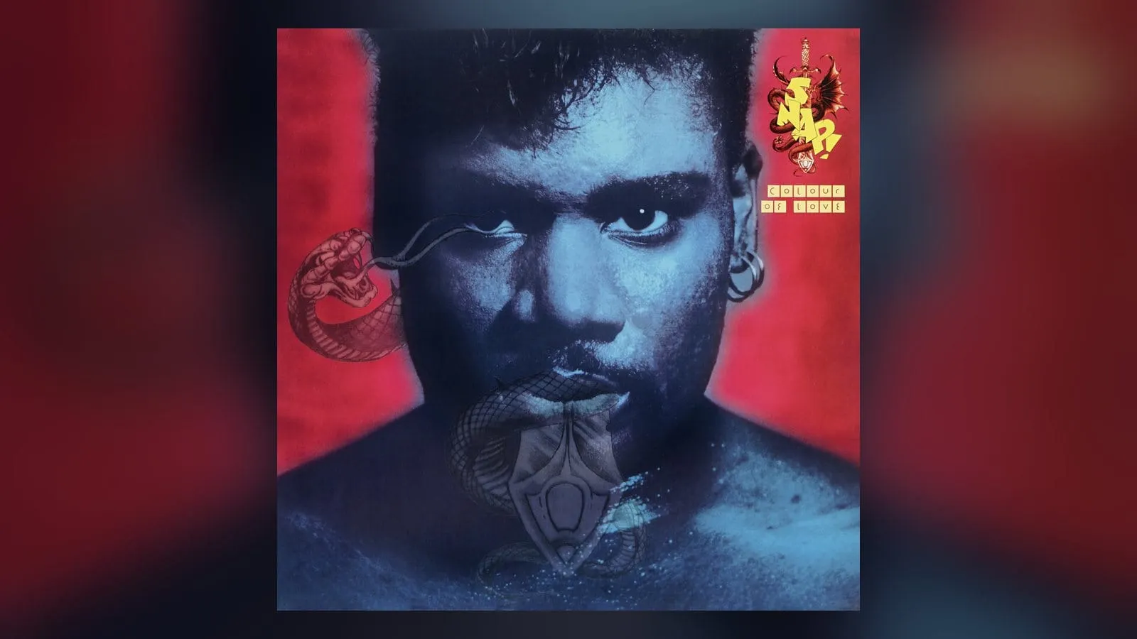 SNAP! Colour of Love cover art in red, showing Turbo B. with tattooed snakes around him and the SNAP! logo in the corner