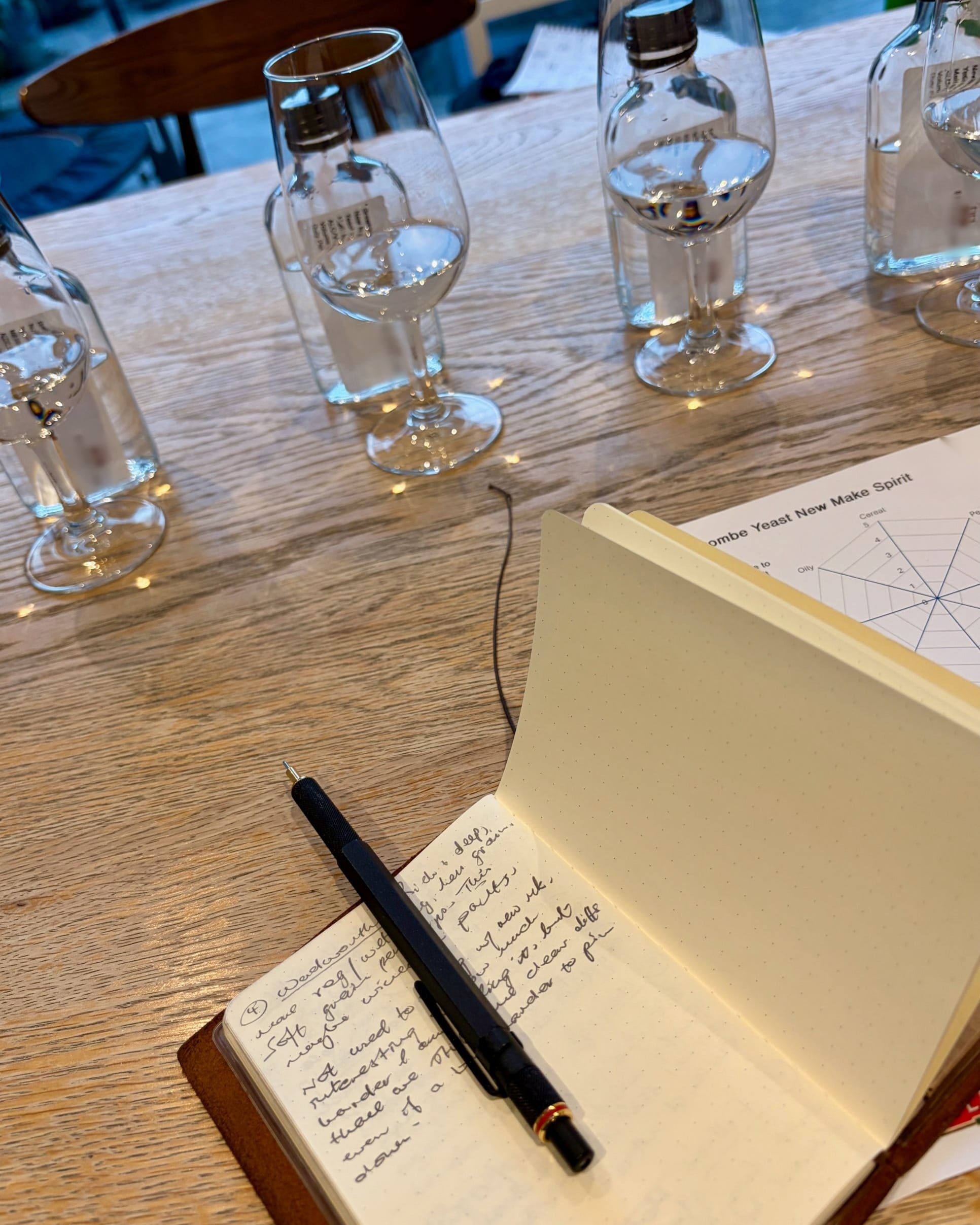 An open notebook of handwritten tasting notes with a mechanical pencil across the page, in front of a row of tasting glasses and small sample bottles of clear spirit on a wooden table. A flavour chart scored from 0 to 5 lies beside the notebook.