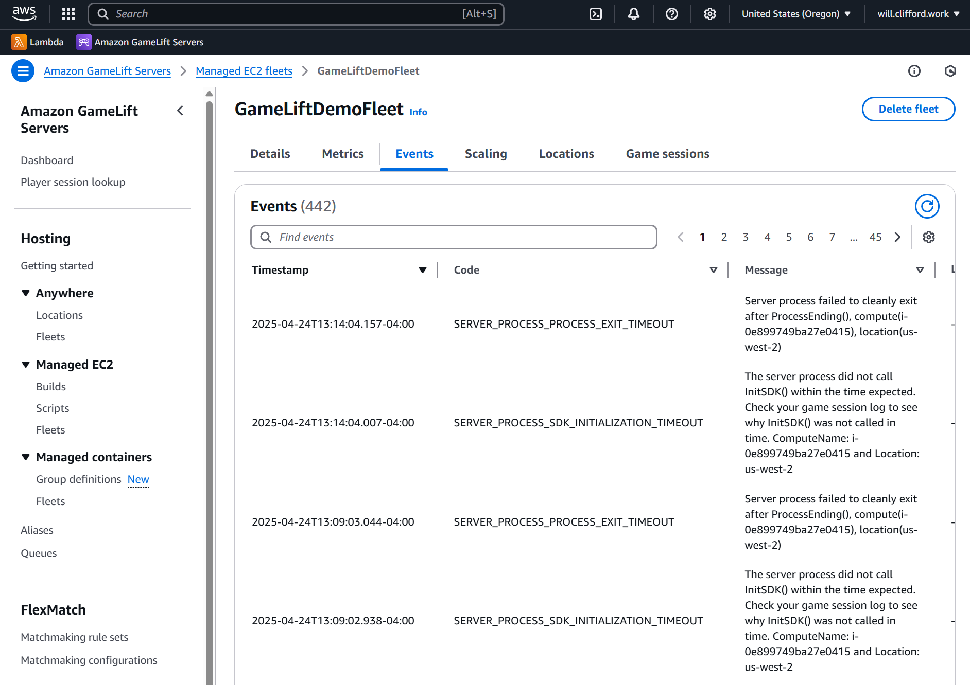 AWS Developer Console: Fleet failed to initialize events