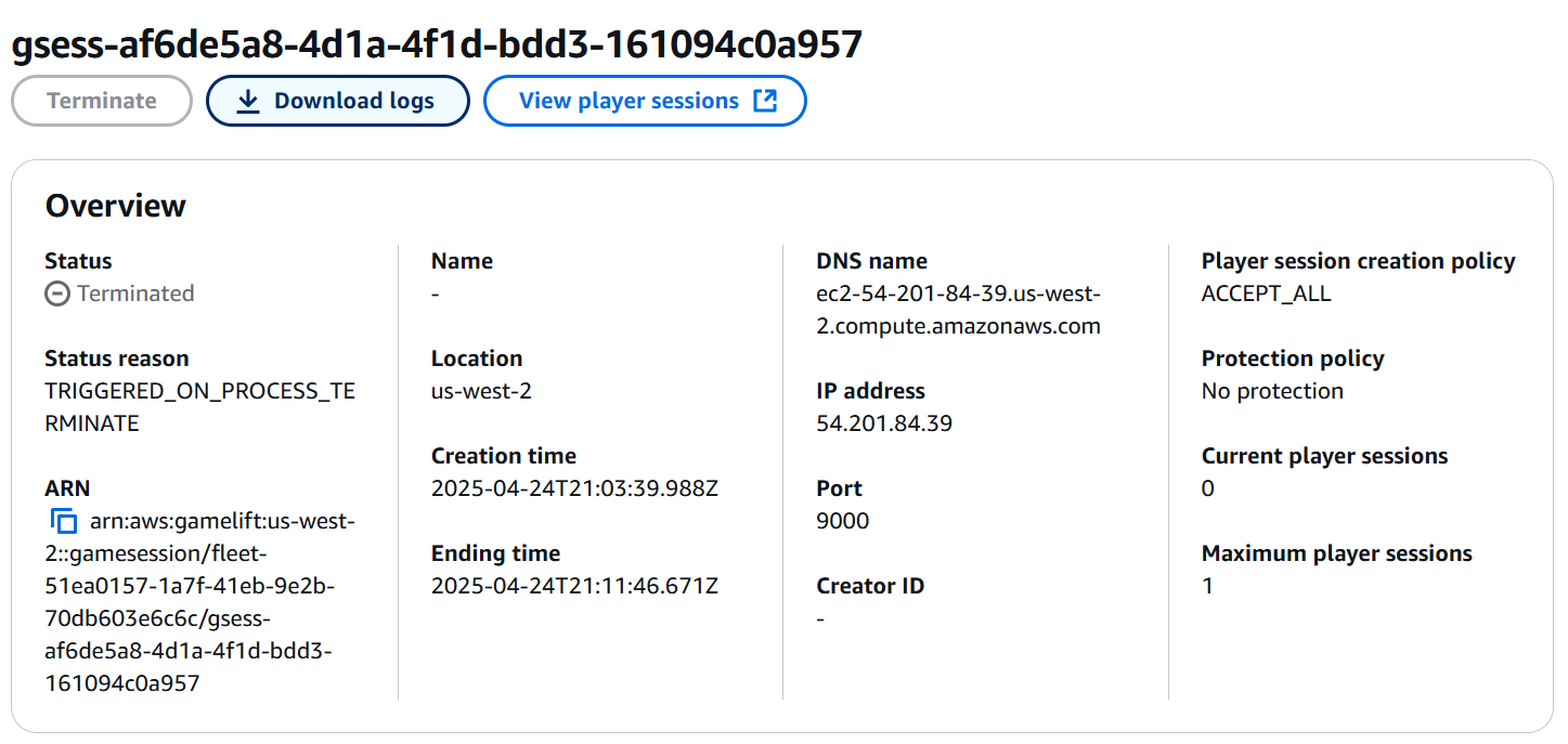 AWS Developer Console: Download Game Session Logs