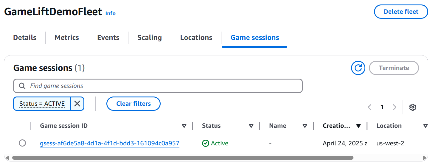 AWS Developer Console: Game Sessions tab on a running fleet