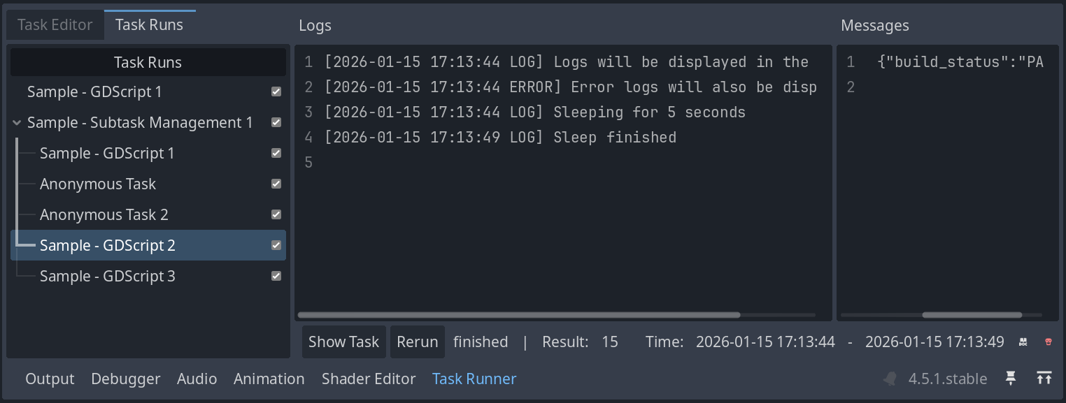 Screenshot of the Task Runner on the “Task Runs” tab, showing the output of a simple gdscript task
