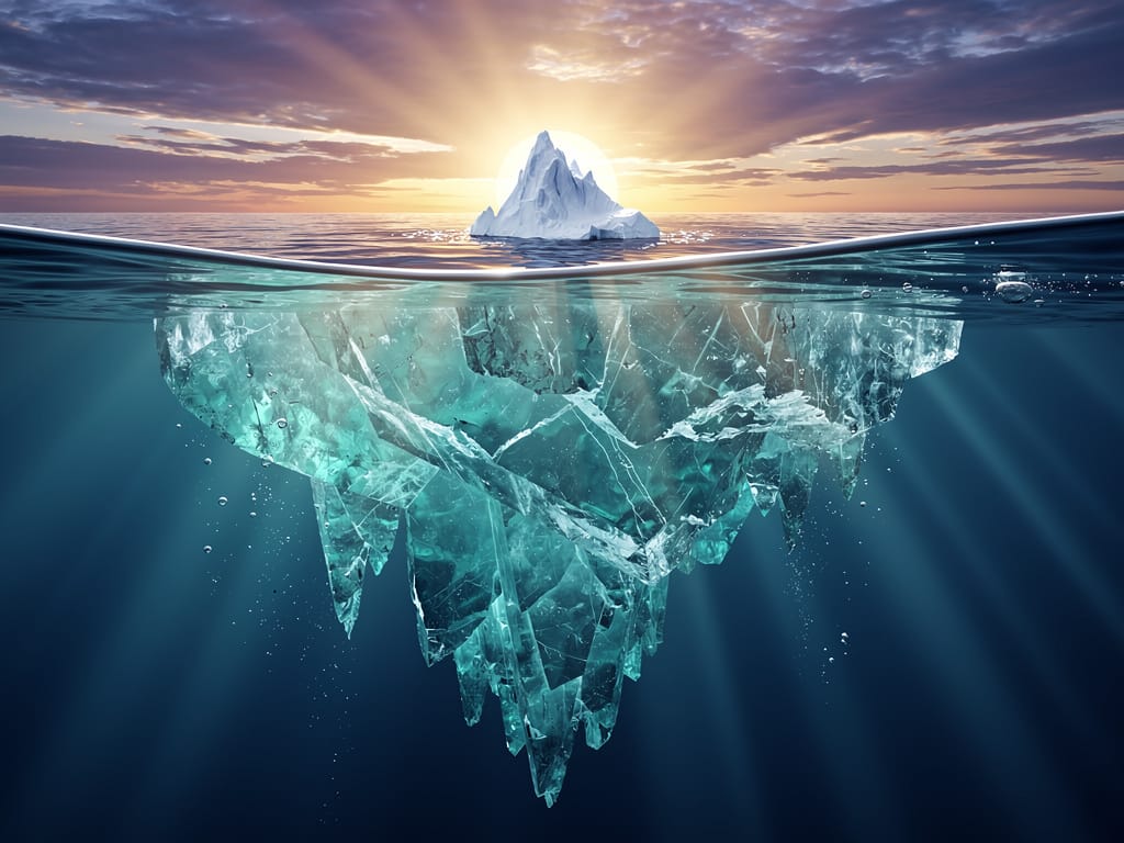 The tip of an iceberg above the water, with the massive hidden part visible below the surface.