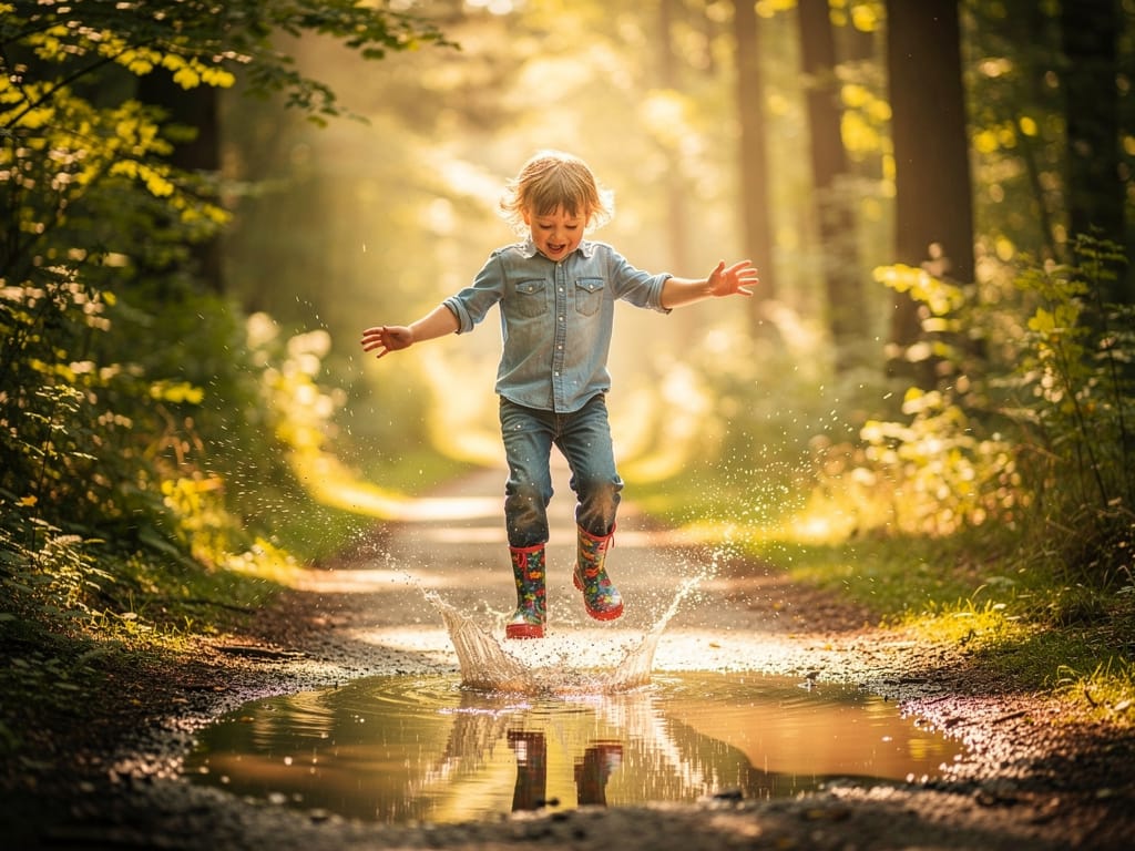 Child in rain boots splashing in a puddle in the woods.
