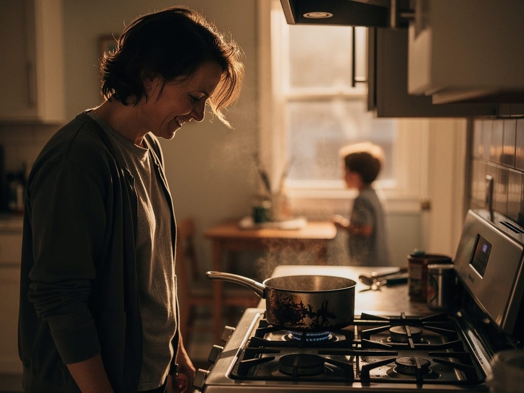 Parent reacting to a cooking mistake while child watches in the kitchen