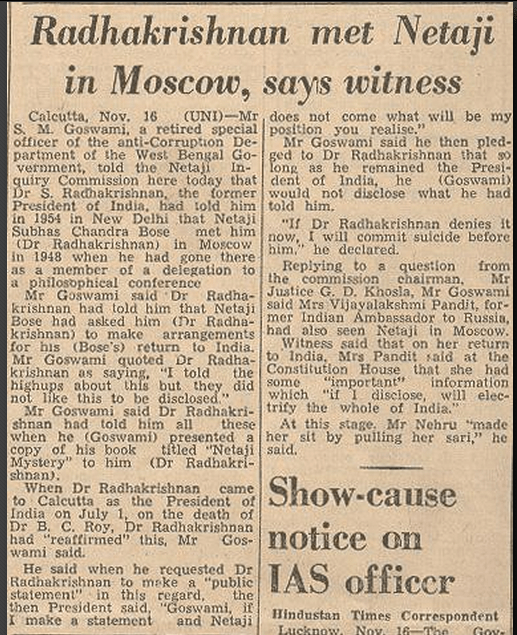 Newspaper report that Dr. Radhakrishnan met Netaji in Russia
