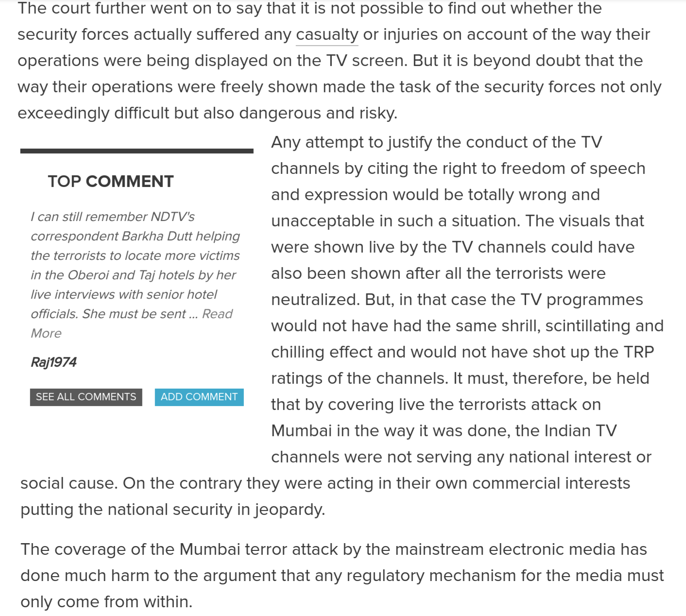 Supreme Court criticizes Media for 26/11