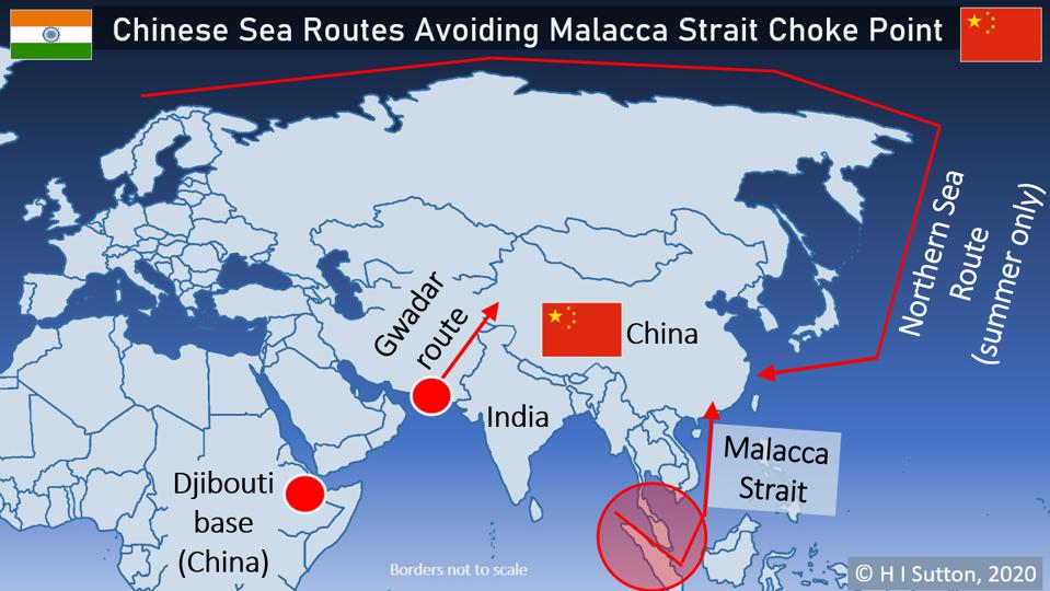 Map showing sea routes to China with Malacca Strait highlighted Map showing sea routes to China with Malacca Strait highlighted